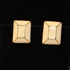 Vtg Ivory & Gold Tone Clip-On Earrings Rectangular Shape Geometric